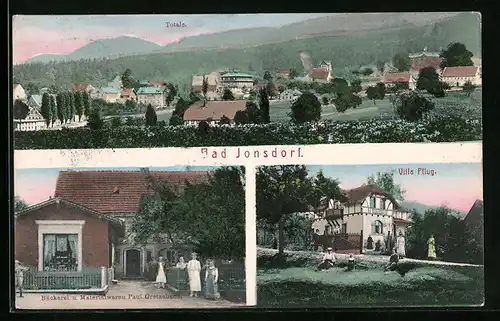 AK Bad Jonsdorf, Bäckerei und Materialwaren Paul Gretzebach, Villa Pflug, Totalansicht