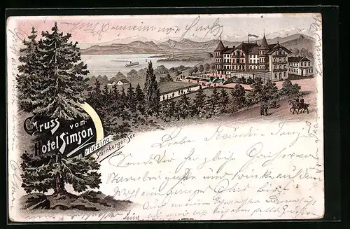Lithographie Tutzing, Hotel Simson am Starnberger See aus der Vogelschau