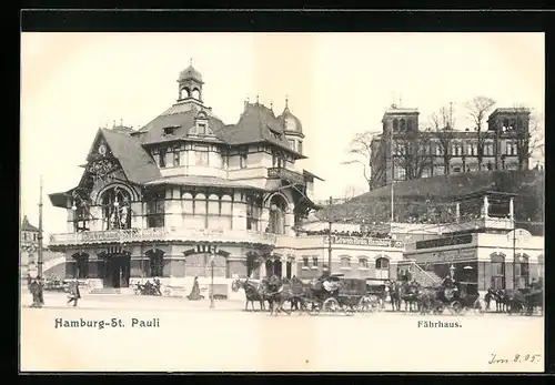 AK Hamburg-St. Pauli, Fährhaus mit Pferdekutschen