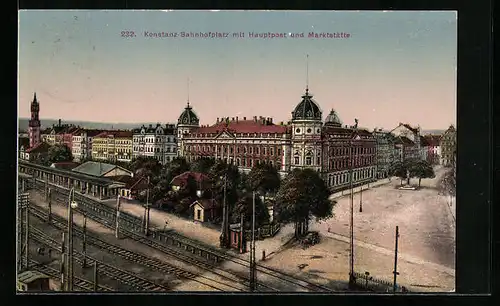 AK Konstanz, Bahnhofplatz mit Hauptpost und Marktstätte