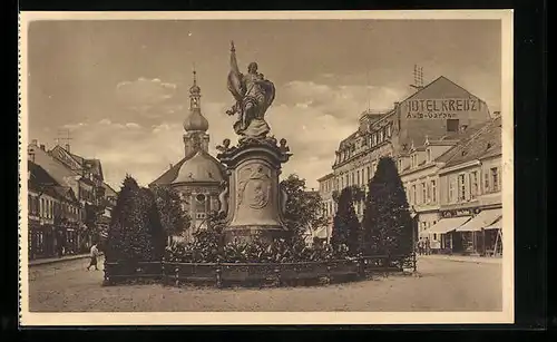 AK Rastatt, Bernhardus-Brunnen 1776, Hotel Kreuz