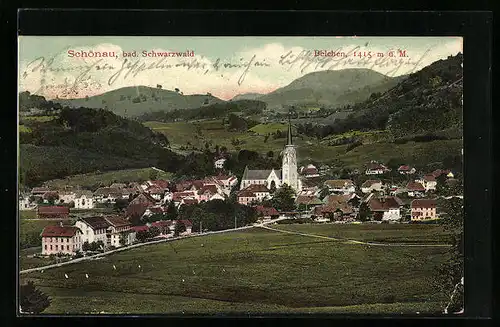 AK Schönau /bad. Schwarzwald, Ansicht Belchen mit Kirche