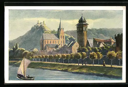 Künstler-AK Oberwesel, Burg mit Boot