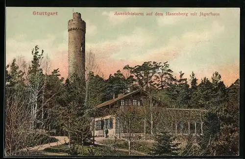 AK Stuttgart, Aussichtsturm auf dem Hasenberg mit Jägerhaus
