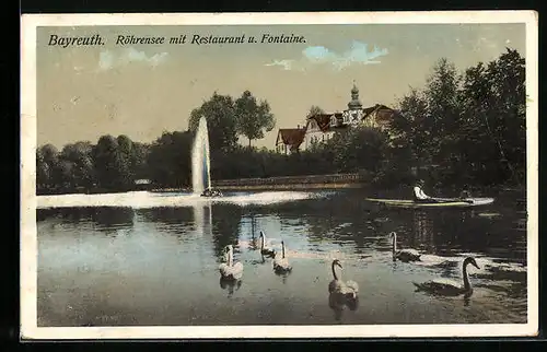 AK Bayreuth, Röhrensee mit Restaurant u. Fontaine