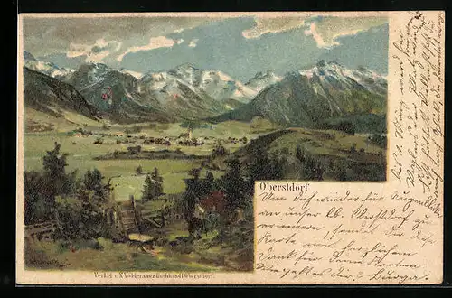 Künstler-AK Oberstdorf, Ortsansicht mit Bergen