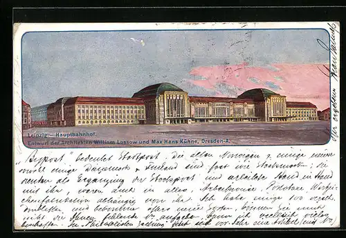 AK Leipzig, Hauptbahnhof bei Abendlicht
