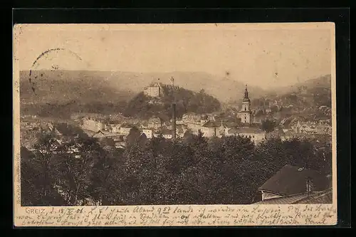 AK Greiz, Ortsansicht mit Burg und Kirche