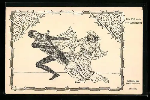 Künstler-AK Der Tod und die Wuchrerin, Zeichnung Gertrud Hoerner, Totentanz
