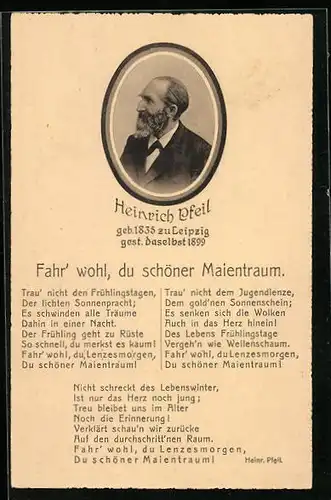 AK Porträt von Heinrich Pfeil mit Gedicht Fahr wohl, du schöner Maientraum