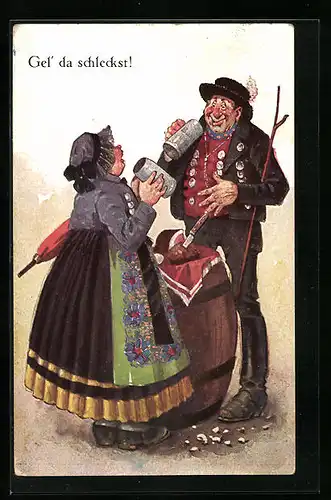 AK Gel'da schleckst!, Paar bei Bier und Schinken an einem Fass stehend