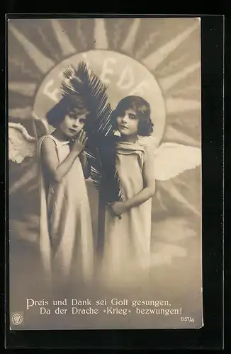 AK Zwei Engelchen mit Palmwedel, Friedensbewegung