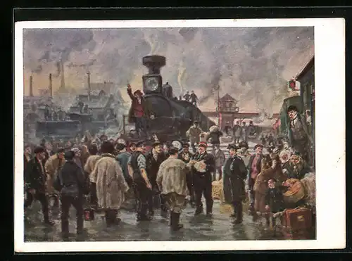Künstler-AK Arbeiterbewegung, Streik 1905, Gedränge und Proklamationen am Bahnhof