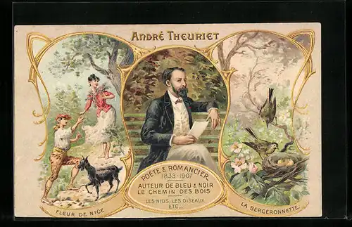 AK Dichter André Theuriet, Fleur de Nice, La Bergeronnette, Reklame Chocolat Lombart
