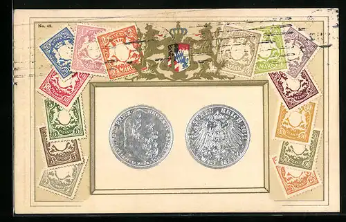AK Briefmarken und Wappen Bayerns, 2-Mark-Münze Prinz Luitpold