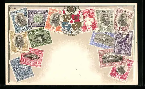 AK Briefmarken und Wappen Tonga