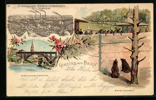 Lithographie Bern, Kirchenfeldbrücke und Bärengraben, Hoffmanns Stärkefabriken Salzuflen