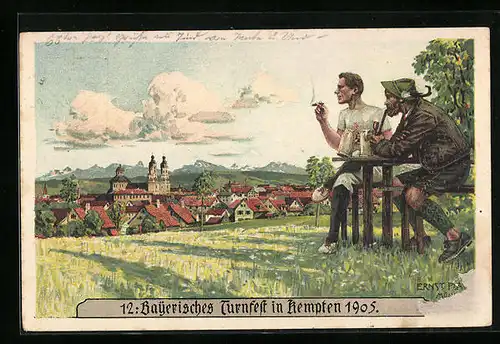 Künstler-AK Kempten, Bayerisches Turnfest 1905, Ortsansicht mit Zechern, Ganzsache Bayern