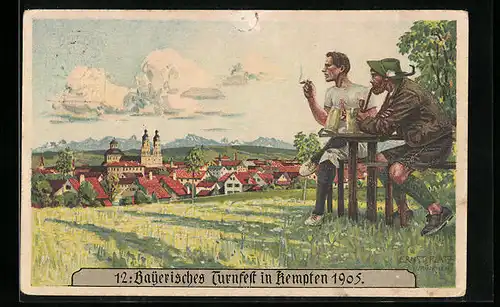 Künstler-AK Kempten, Turnfest 1905, Ortsansicht mit Biertrinkern, Ganzsache Bayern