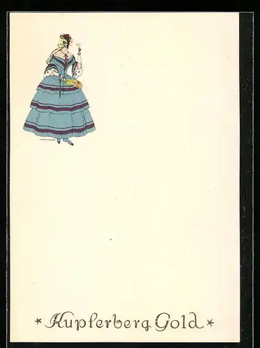 Künstler-AK Dame mit Reifrock und Sektglas, Wein, Kupferberg Gold