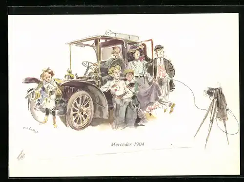 Künstler-AK Stuttgart, Frühzeitliches Automobil der Firma Mercedes-Benz, 1904