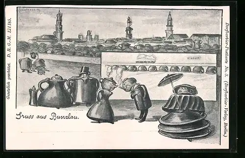 Künstler-AK Bunzlau, Gruss aus Bunzlau, Viadukt, Teilansicht