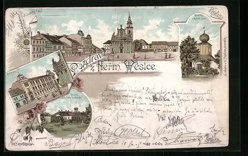 Lithographie Hermanuv Mestec, Skola, Ortspartien