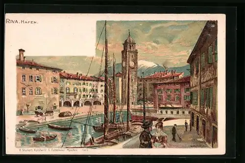 Lithographie Riva, Ansicht des Hafens