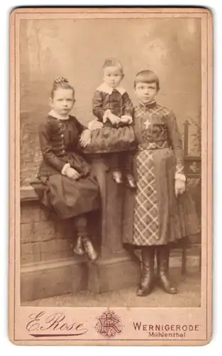Fotografie E. Rose, Wernigerode, Mühlenthal, 3 Schwestern in hübschen Kleidern