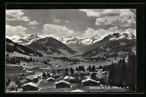 AK Schönried, Ortsansicht mit Blick in atemberaubende Berglandschaft