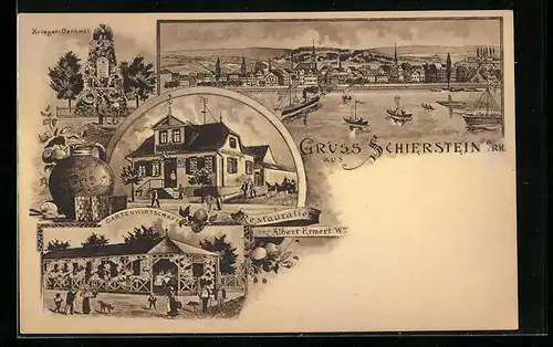 Lithographie Schierstein a / Rh., Restauration von Albert Ermert Witwe, Gartenwirtschaft, Krieger-Denkmal