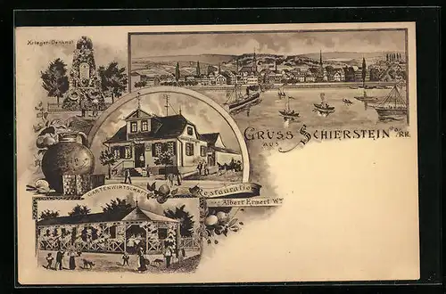 Lithographie Schierstein a. Rhein, Kriegerdenkmal, Gasthaus von Albert Ermert Witwe, Teilansicht