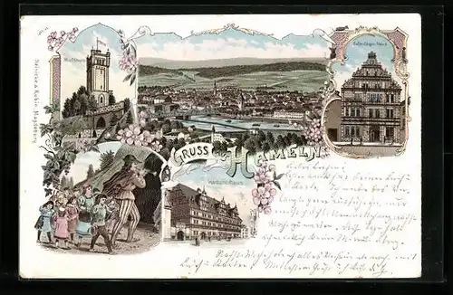 Lithographie Hameln, Rattenfängerhaus, Hochzeitshaus, Klütthurm