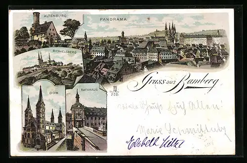 Lithographie Bamberg, Panorama, Altenburg, Michaelsberg & Rathaus
