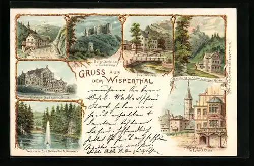 Lithographie Lorch am Rhein, Riesenmühle, Burg Gerolstein, Lauxburg, Hilgenhaus in Lorch, Weiher in Bad Schwalbach