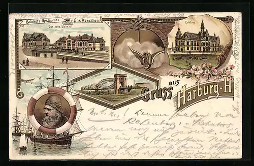 Lithographie Hamburg-Harburg, Der neue Bahnhof, Rathaus, Elb-Brücke