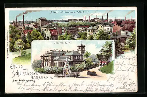 Lithographie Hamburg-Harburg, Gasthaus Schützenpark und Blick von der Veranda auf Harburg