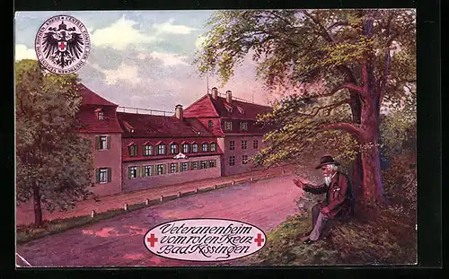 Künstler-AK Bad Kissingen, Veteranenheim vom roten Kreuz mit Strasse und Veteran, Wappen