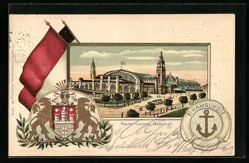 Passepartout-Lithographie Hamburg-St. Georg, Neuer Central Bahnhof, Wappen
