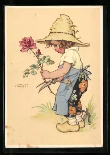 Künstler-AK Ilse Wende-Lungershausen: Kleine Gärtnerin mit Rose