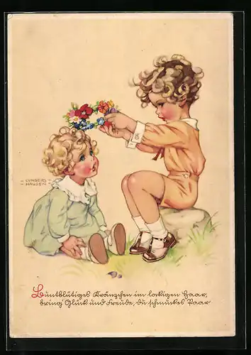 Künstler-AK Ilse Wende-Lungershausen: Junge setzt Mädchen einen Blumenkranz auf