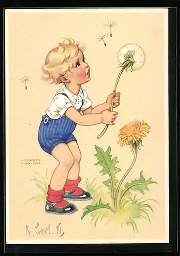 Künstler-AK Ilse Wende-Lungershausen: Junge mit Pusteblume