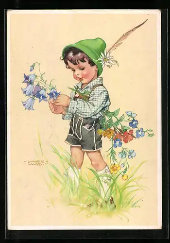 Künstler-AK Ilse Wende-Lungershausen: Kleiner Trachtenjunge beim Blumenpflücken