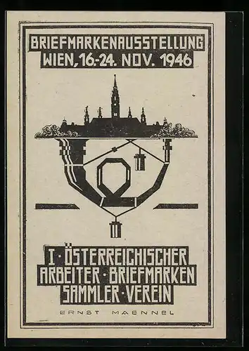 AK Wien, Briefmarken-Ausstellung 1946, Arbeiter Briefmarken-Sammler-Verein, Posthorn, Festhalle