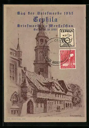 AK Celle, Briefmarken-Werbeschau 1947, Ortspartie mit Kirchturm