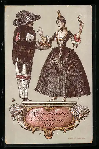 AK Augsburg, Margaretentag 1911, Paar in historischer Kleidung mit Blumenstrauss