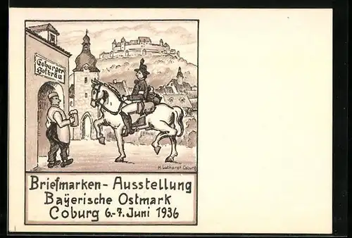 Künstler-AK Coburg, Briefmarken-Ausstellung Bayerische Ostmark 1936, Postillon am Gasthaus