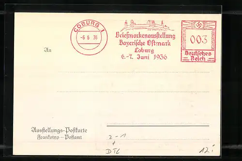 Künstler-AK Coburg, Briefmarken-Ausstellung Bayerische Ostmark 1936, Postillon am Gasthaus