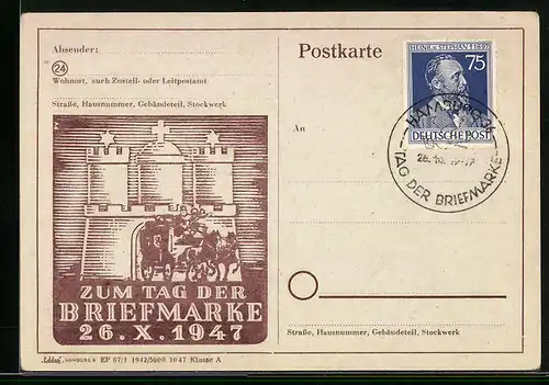 AK Hamburg, Tag der Briefmarke 26.10.1947, Postkutsche vor Hamburger Wappen