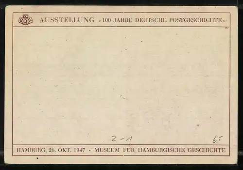 AK Hamburg, Tag der Briefmarke 26.10.1947, Postkutsche vor Hamburger Wappen
